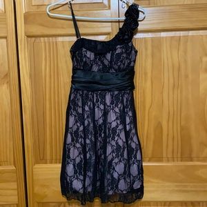 Black and Pink Lace Asymmetrical Strap Dress